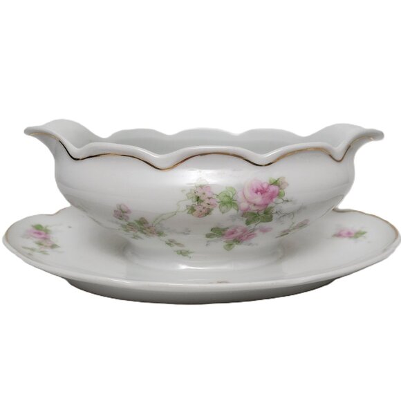 Austrian Carlsbad Handpaint Gold Leaf Gravy Boat  w/Attachd Underplate Antique - Picture 2 of 7